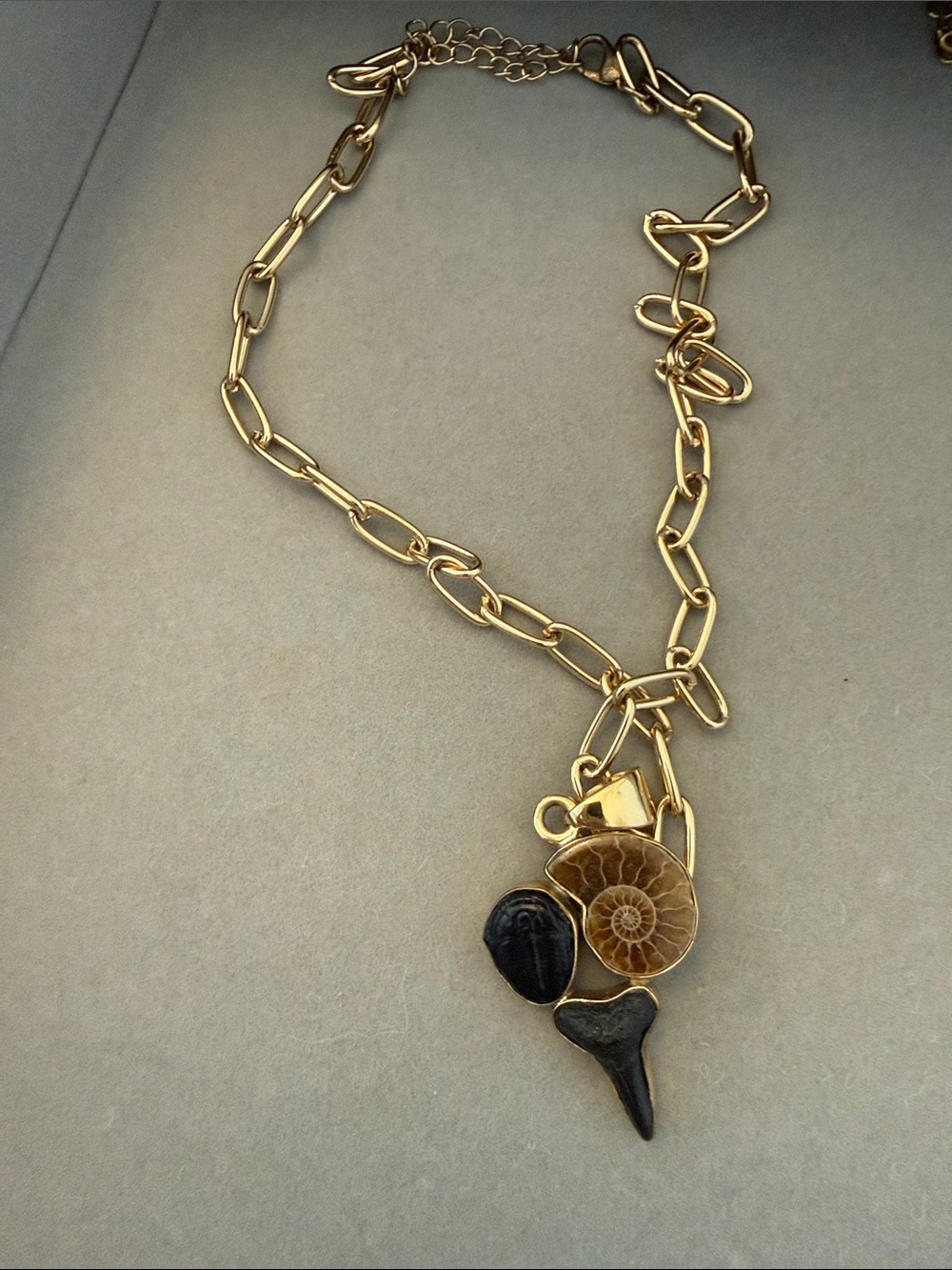 Authentic fossil necklace- shark tooth , ammonite, trilobite- gold tone
